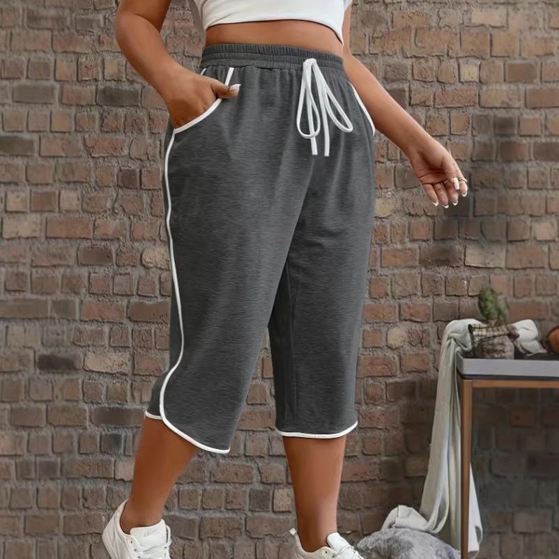 2025 Plus Size European & American Color Block Casual Capris - Summer Loose Fit