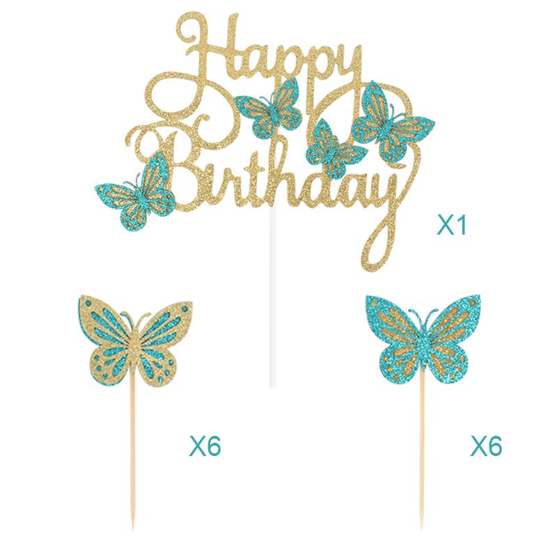13Pcs Pink Butterfly Happy Birthday Cake Topper Kids Girl 1st Birthday Party Cake Decoration Dessert Cupcake Topper Supplies