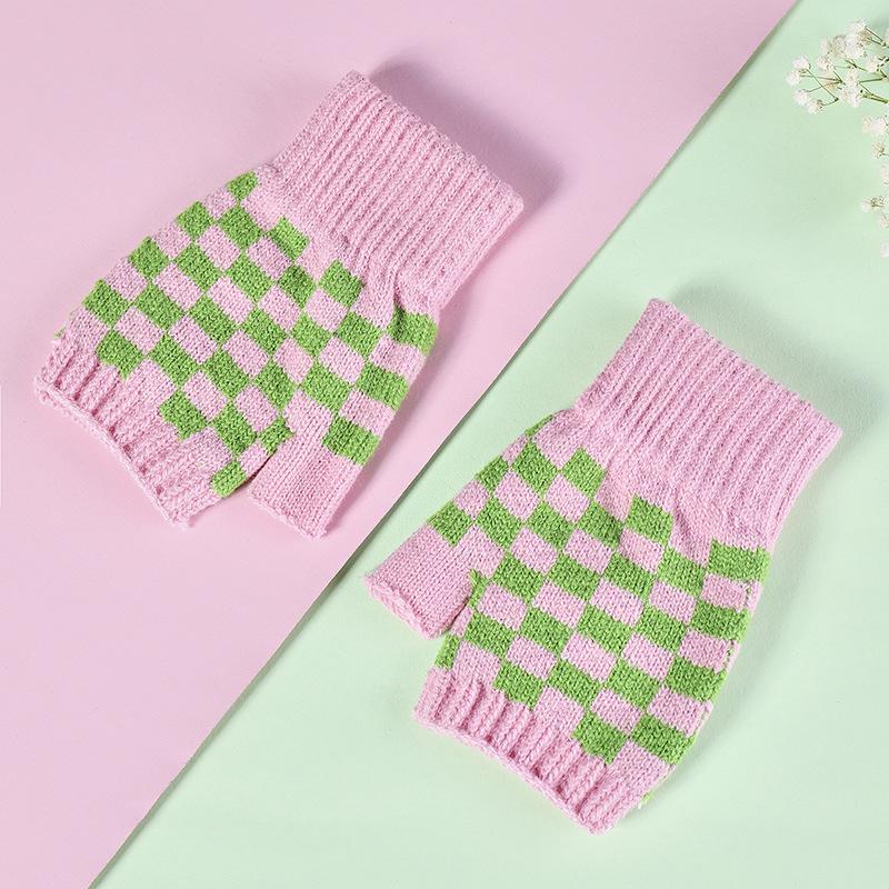 Warm Gloves Knitted Half-finger Plaid Cold-proof Gloves for Women Winter
