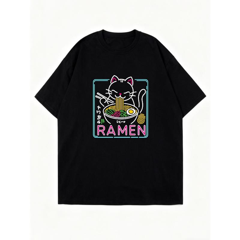 Übergroßes T-Shirt Schwarze Katze isst Ramen Mit Neon-Design Für Freizeitkleidung