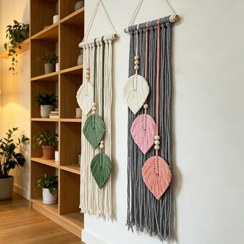 Boho Style Leaf Macrame Wall Hanging 66x20cm Cotton Rope Handmade Woven Ornament Woven Wall Tapestry Home Wedding Decor