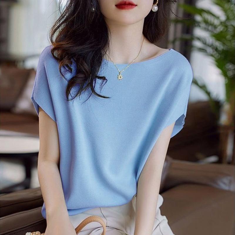 Summer Japanese and Korean Solid Color All-match Knitwear Women's Short-sleeved T-shirt Thin Loose Bat-sleeved Western Style Top