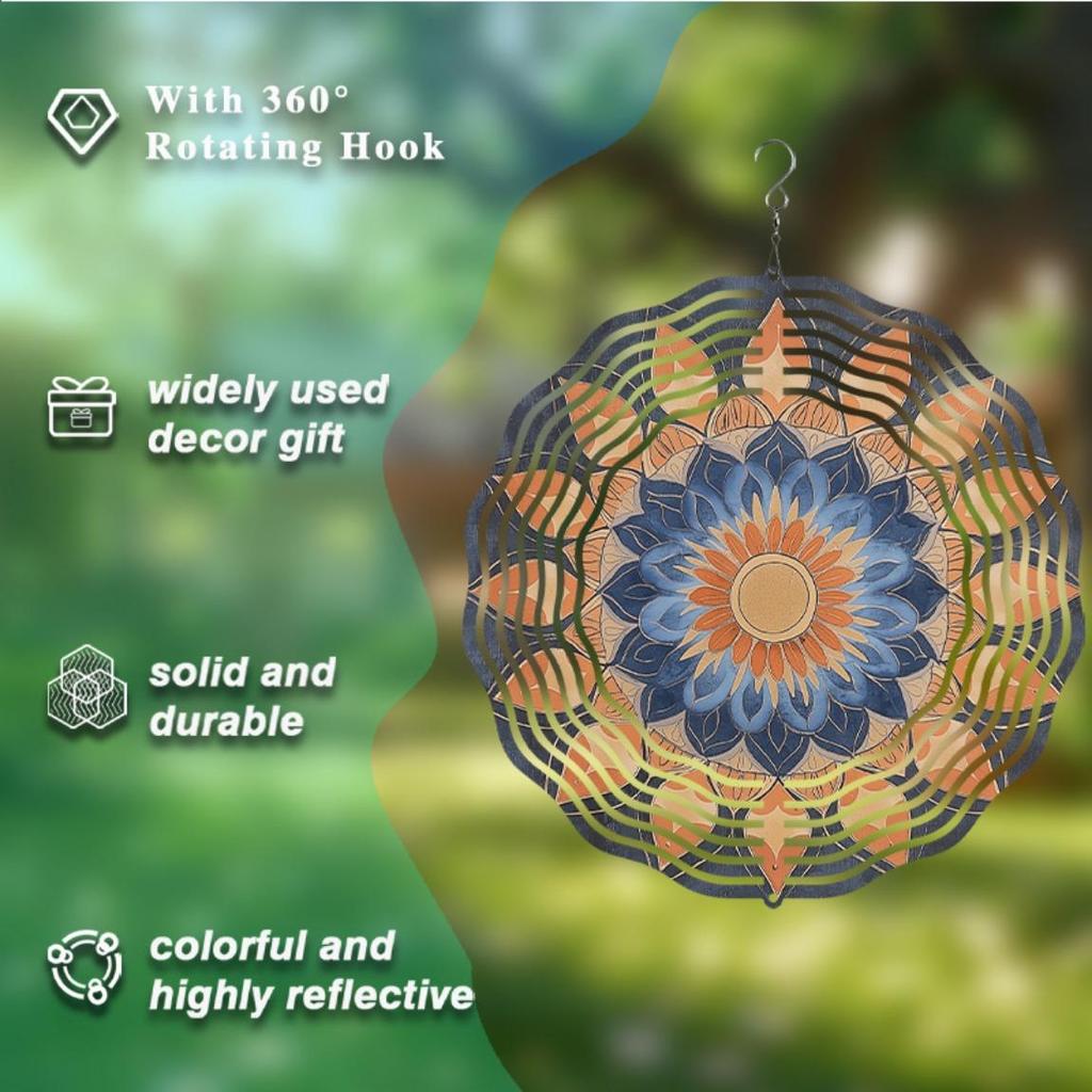 10 Inch Metal Mandala Wind Chime Outdoor Decor with 360 Rotating Hook Durable Garden Balcony Hanging Ornament for Spring Summer Fall
