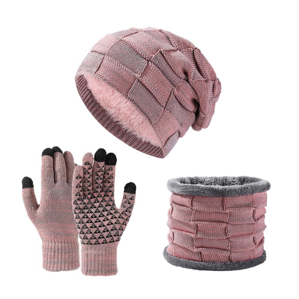 3Pcs/Set Warm Winter Hat Scarf Gloves Set Plush Lining Touchscreen Gloves for Men Women
