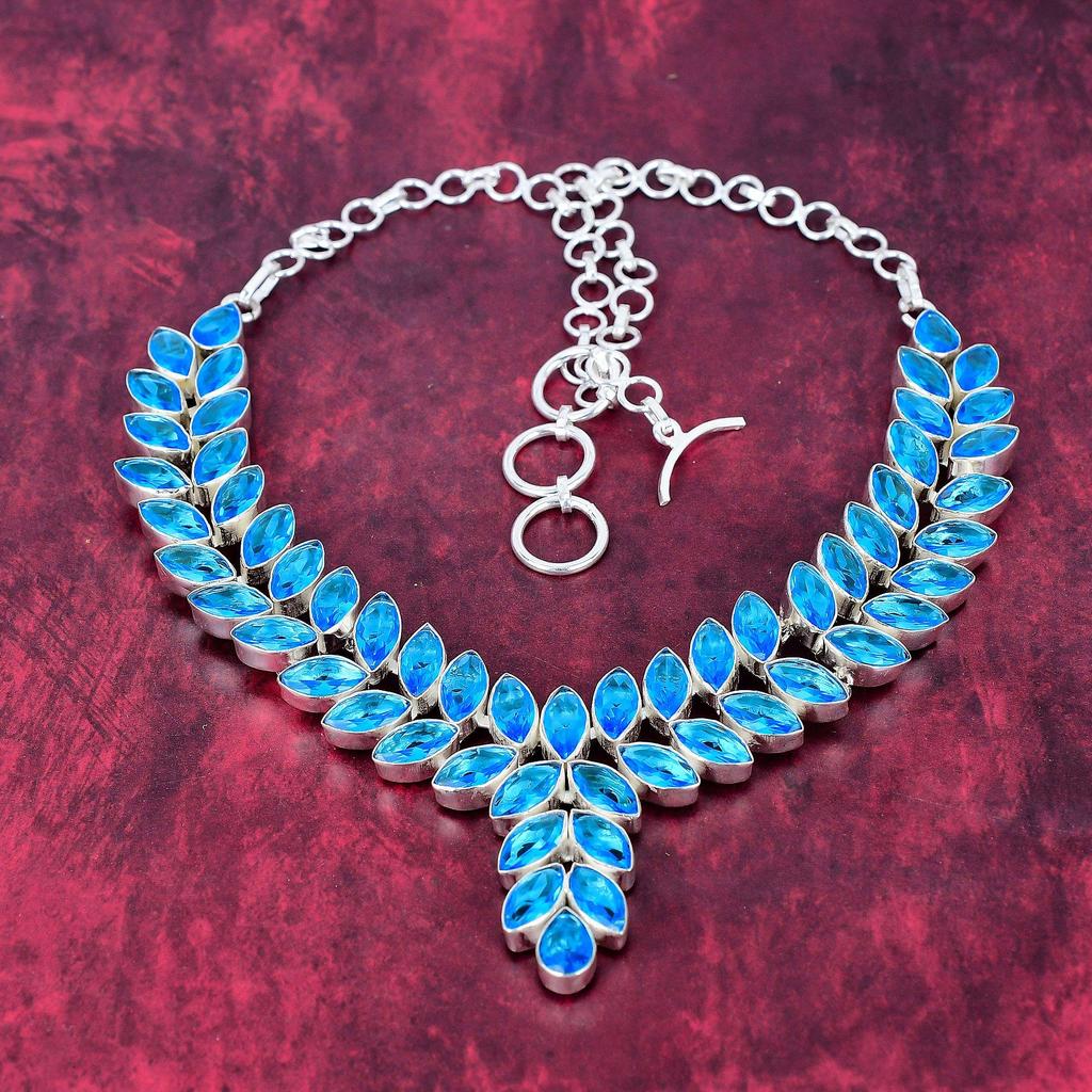 Blue Topaz Gemstone 925 Sterling Silver Necklace, Handmade Decent Jewelry Adjustable Necklace For Engagement Gifts