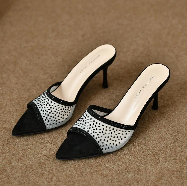 Fashionable Versatile High Heel Slippers Pointed Toe Rhinestone Decorated One-piece Strap Sandals Casual Elegant Ladies Shoes