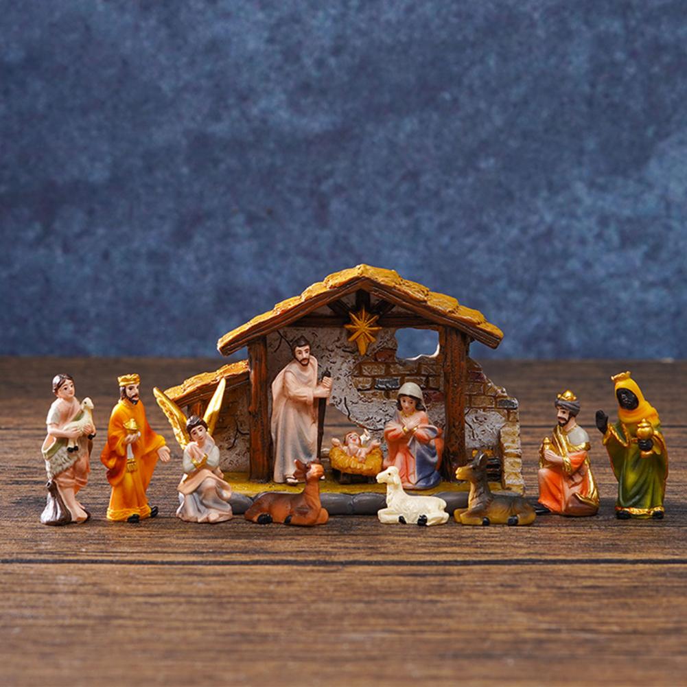 Christmas Manger Set Ornament Nativity Scene Decoration Christmas Nativity Scene Set with Resin Stable Led Star for Holiday