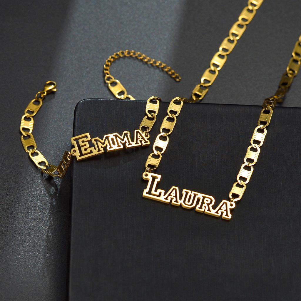 Atoztide Personalized Custom Name Necklace Bracelet Jewelry Set Figaro Chain Pendant Stainless Steel For Women Birthday Gift