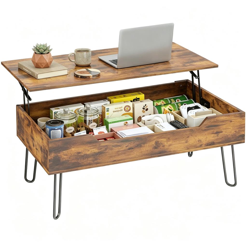 Lift-Top Wooden Coffee Table, Hidden Storage, Adjustable Height, 95 x 50 x 40 cm, Rustic Brown