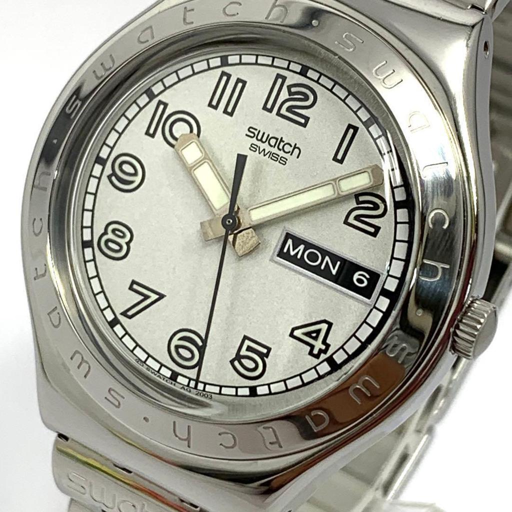 Used 824 Working Item Battery Replaced Swatch IRONY SWISS Men's Watch Quartz 3 Hand Silver Calendar Luminous Popular Rare