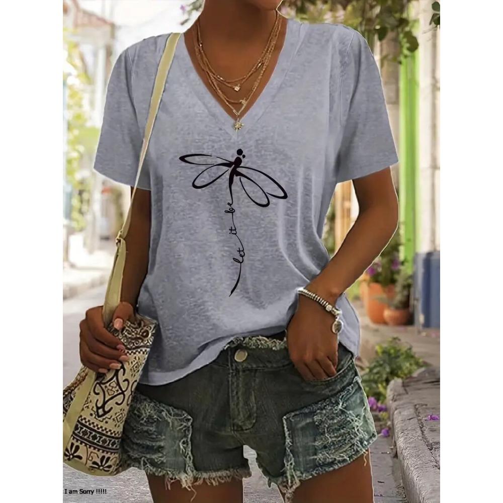 Floral Print V-neck T-shirt Summer Fashion Casual Blouse Street Fashion Oversized Women's Clothing