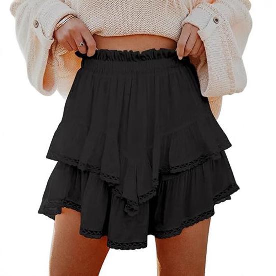 Mini Skirt with Hollow Crochet Design High-Waisted Style Double Layer Ruffle Hem Short Skirt Solid Color Cake Skirt