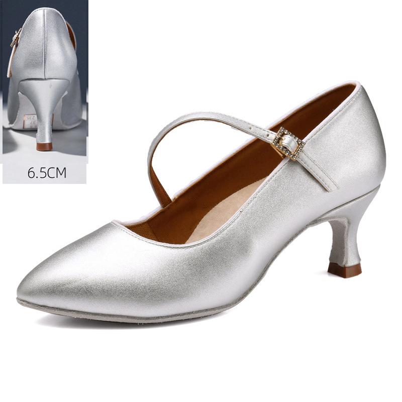 

Кожаные туфли с закрытым носком для женщин, для современных танцев, замшевая подошва, туфли для вальса, бальных танцев, стандартных танцев, каблук 6,5 см 38 серебряный