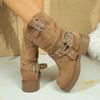 Fashion Metal Decor Mid Calf Boots for Women Khaki Faux Suede Chunky Heel Combat Booties Woman Autumn Winter Slip On Botas Mujer