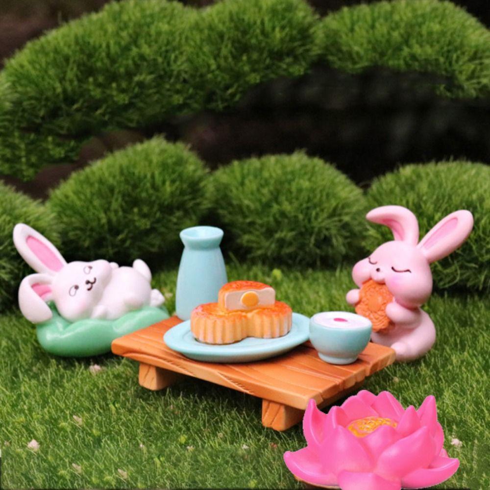 Cute Rabbit Micro Landscape Cartoon Moon Cakes Ornament Mid-autumn Rabbit Figurines  Home Desk