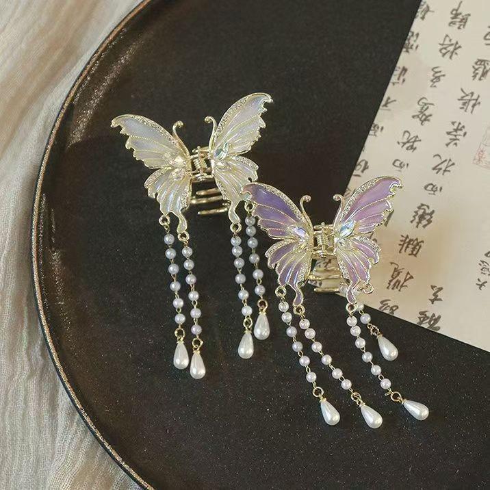Korean Style Rhinestone Butterfly Pearl Tassel Hair Clip
