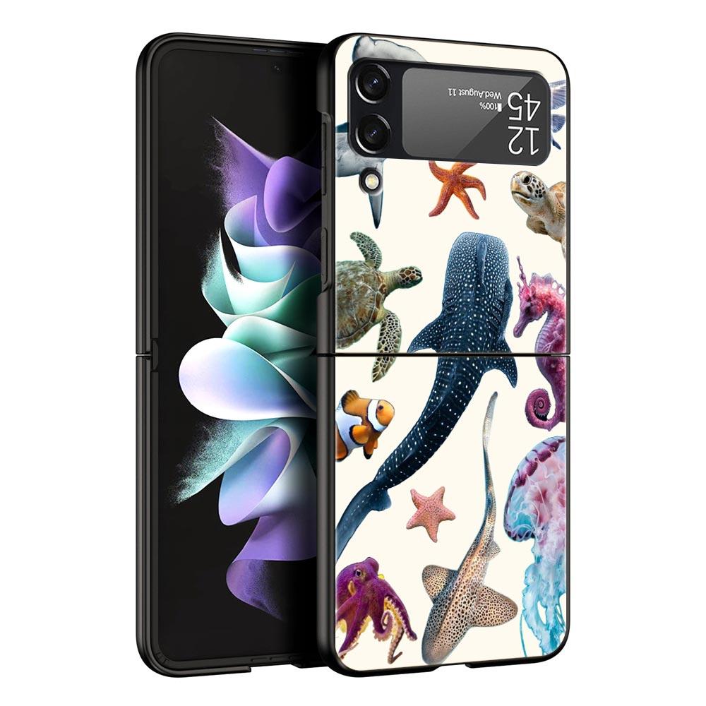 Phone Case for Samsung Galaxy Z Flip 3 4 5 6 7 Folding Black Shell For Samsung Z Flip4 Flip5 PC Hard Cover Ocean Life Theme