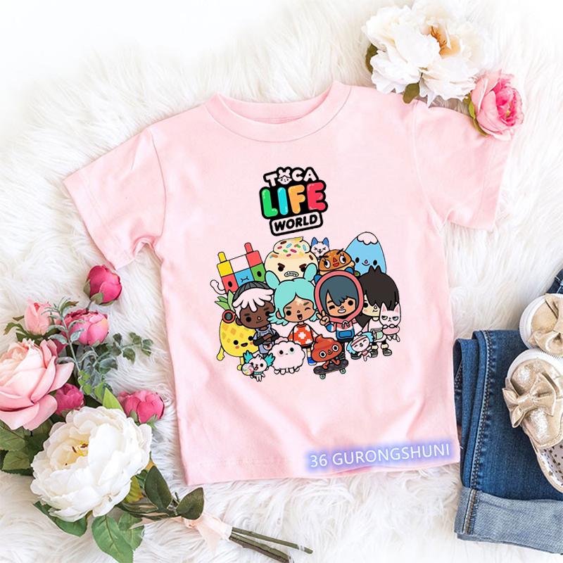 Magliette Kawaii per Bambini Divertenti Stampa Cartone Animato Mondo Toca Videogioco Maglietta per Bambini Piccoli Moda Estiva Magliette per Bambine Top Rosa