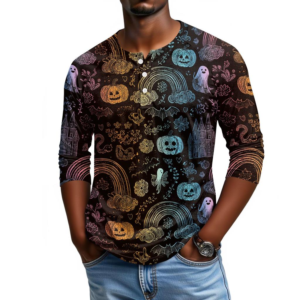 Men Casual Halloween Print Henley Shirt Raglan Three Quarter Sleeve Pullover Top Lightweight Comfortable Fit