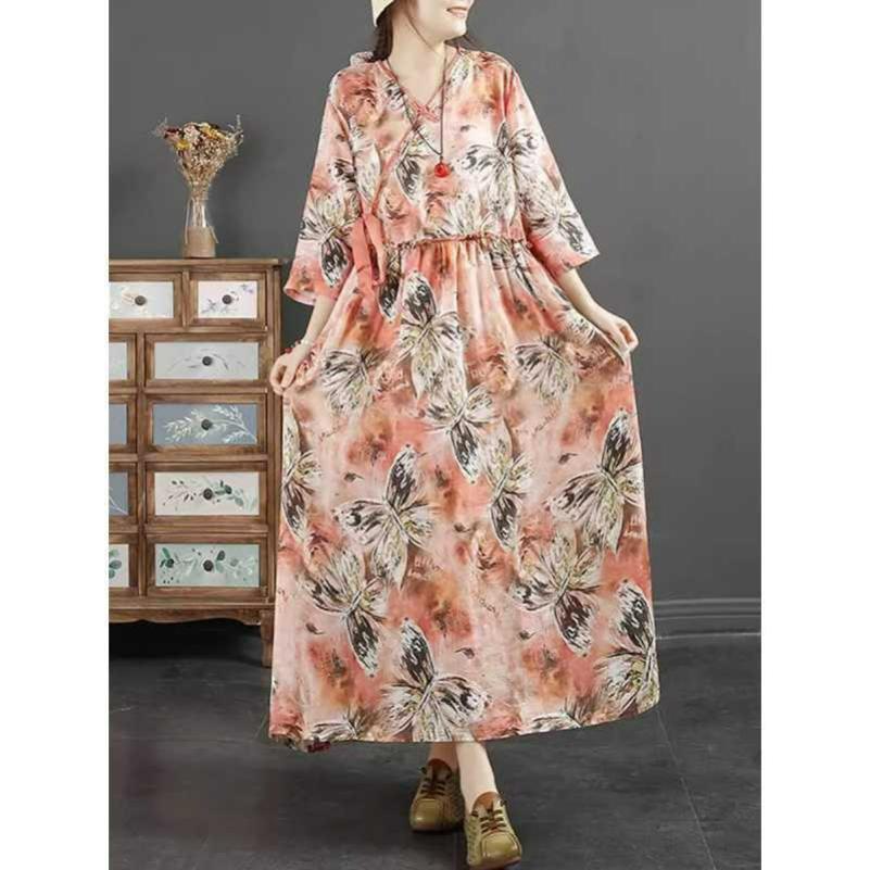 Spring Retro Printing Chinese Style V-neck Three-quarter Sleeves National Style Mid-length Waist Slimming Dress Women