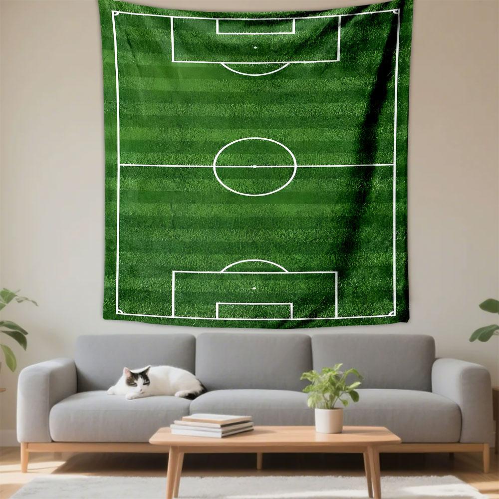 Soccer Field Design on Green Grass Patterned Tapestry Decorative Wall Hanging, Home Bedroom Living Room Decor