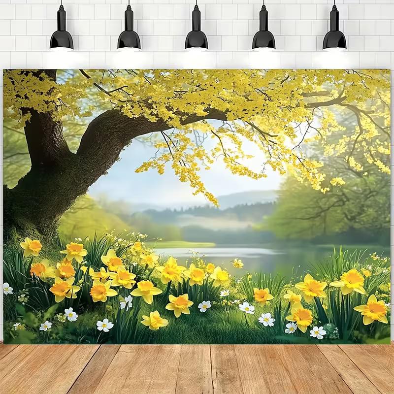 2D Spring Yellow Flower Tree Lake Daffodil Nature Backdrop