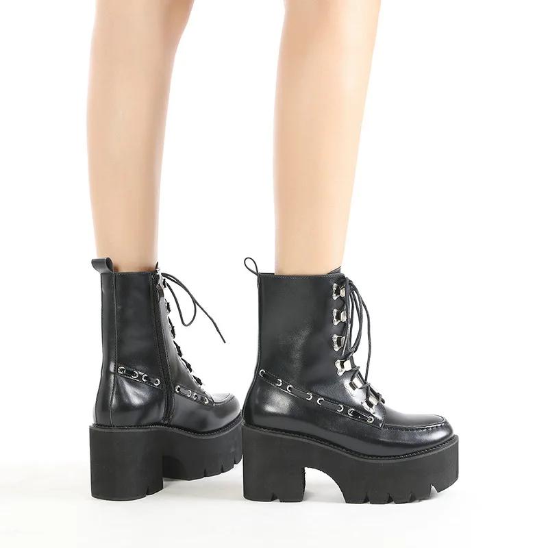 Fashion 2025 Russian Hot Sales Women Shoes Thick Platform High Heel Female Ankle Boots Round Toe Lace Up Zipper Motorcycle Boots