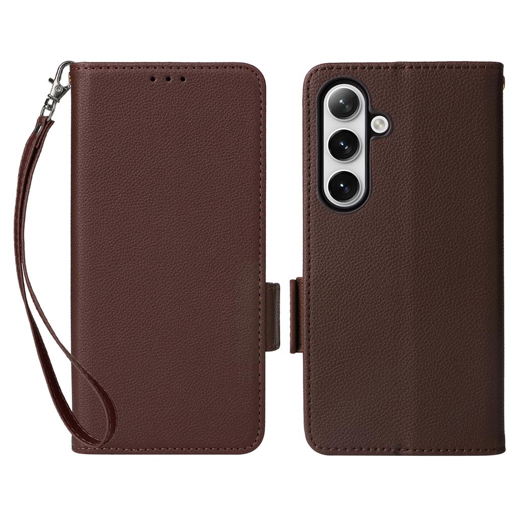 For Samsung Galaxy S25 Case with Wrist Strap Litchi Texture PU Leather Wallet Phone Cover