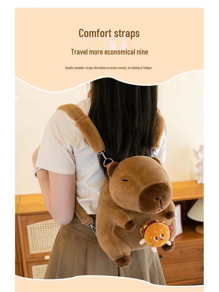 Capybara Backpack Plush Doll: Large Capacity Women's Cartoon Hamburger Schoolbag