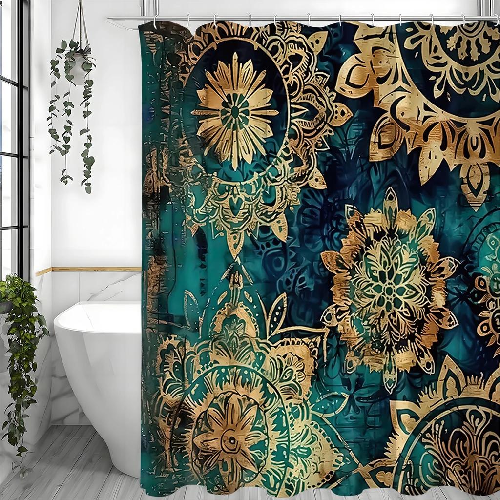 Gold Floral Green Shower Curtain, Bathroom Decorative Shower Curtain, Waterproof Shower Curtain with Hooks
