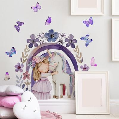Dreamy Unicorn Girl Purple Rainbow Flower Self Adhesive Wall Sticker for Kids Room Warm Home Decor