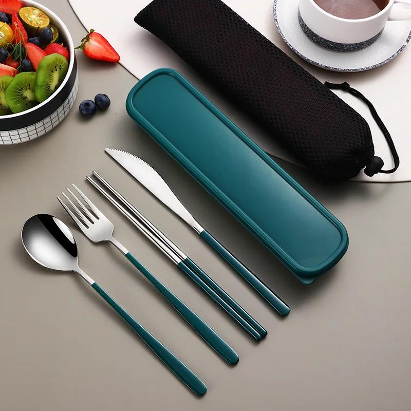 4Pcs Portable Tableware Set Stainless Steel Knife Fork Spoon Chopsticks Travel Tableware With Box Picnic Camping Cutlery Set