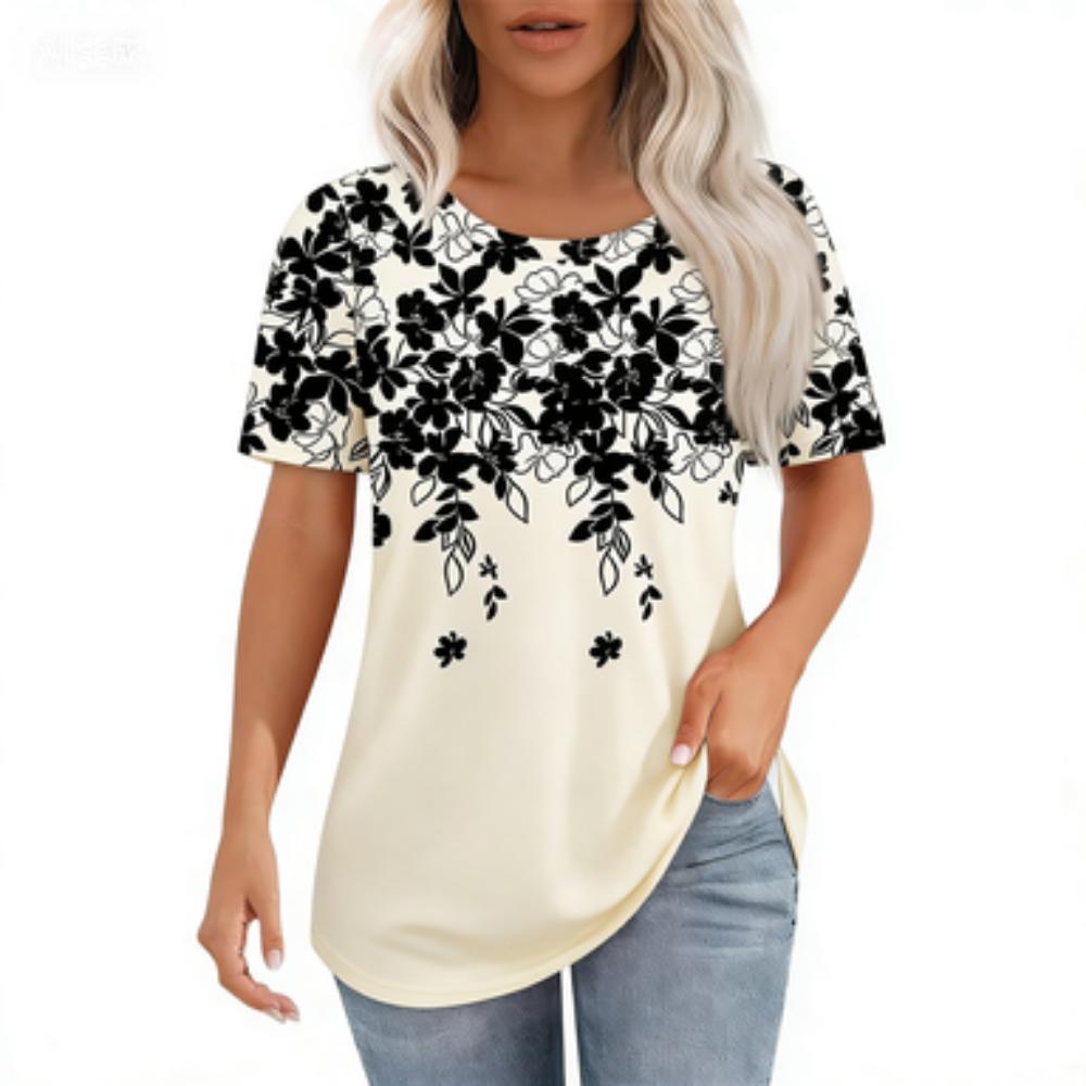 Round Neck Short-sleeved Black and White Floral Print T-shirt Women's Clothing Casual Daily Wear