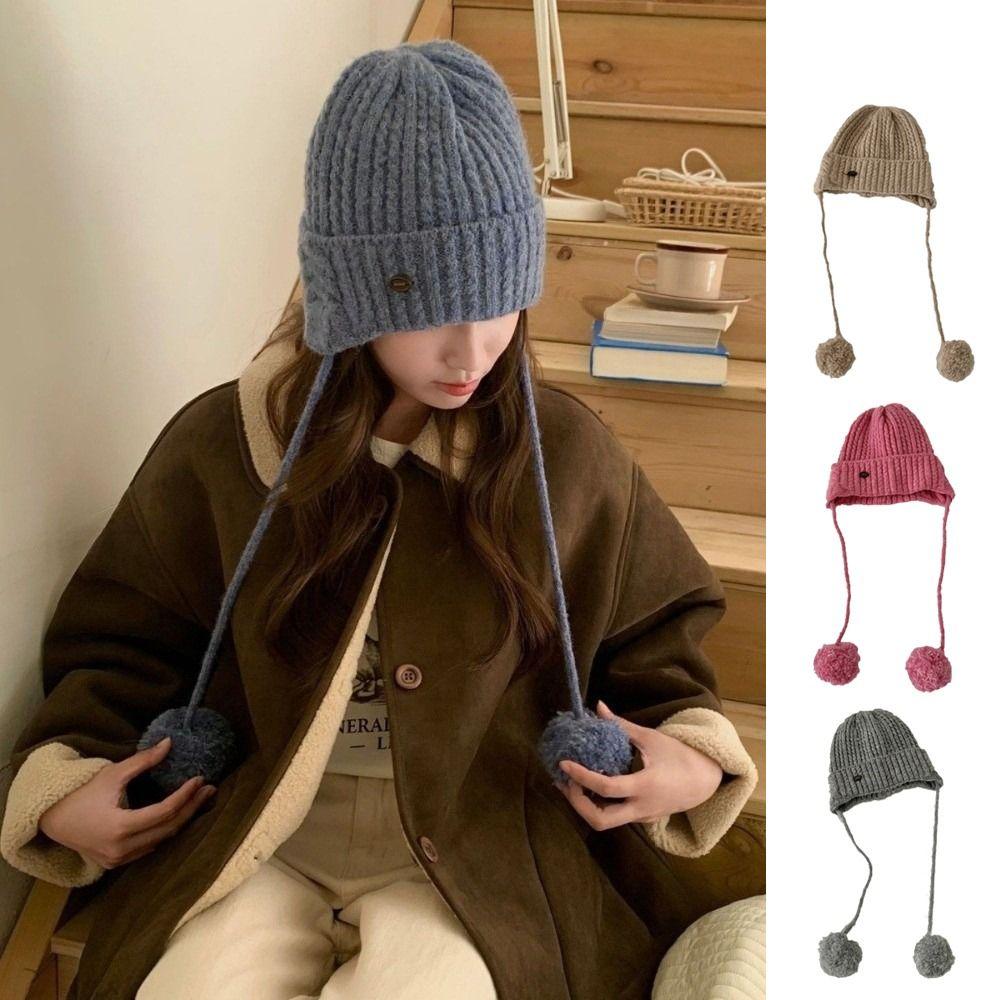Windproof Pom-pom Knit Cap Winter Beanie Hats Japanese Y2k Knitted Cap  Outdoor