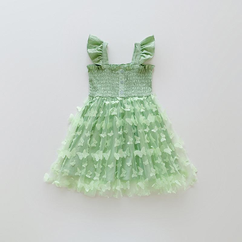 3D Butterfly Mesh Puff Sleeve Girls' Dress - 2025 Summer Smocked Waist Baby Princess Style