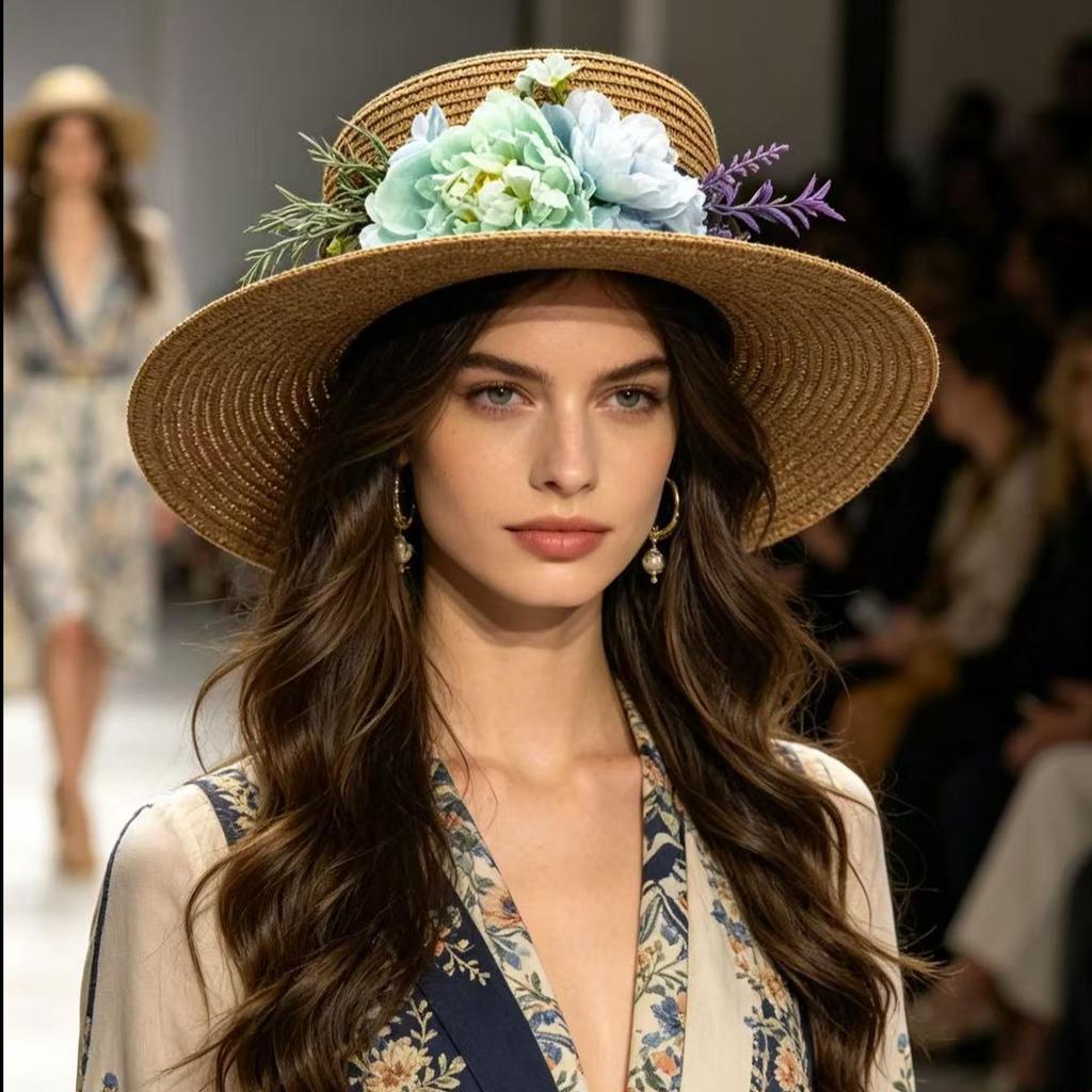 New Flower Flat Top Straw Hat Fashionable Small Fresh Seaside Vacation Elegant Sunshade Sunscreen Hat Self-operated