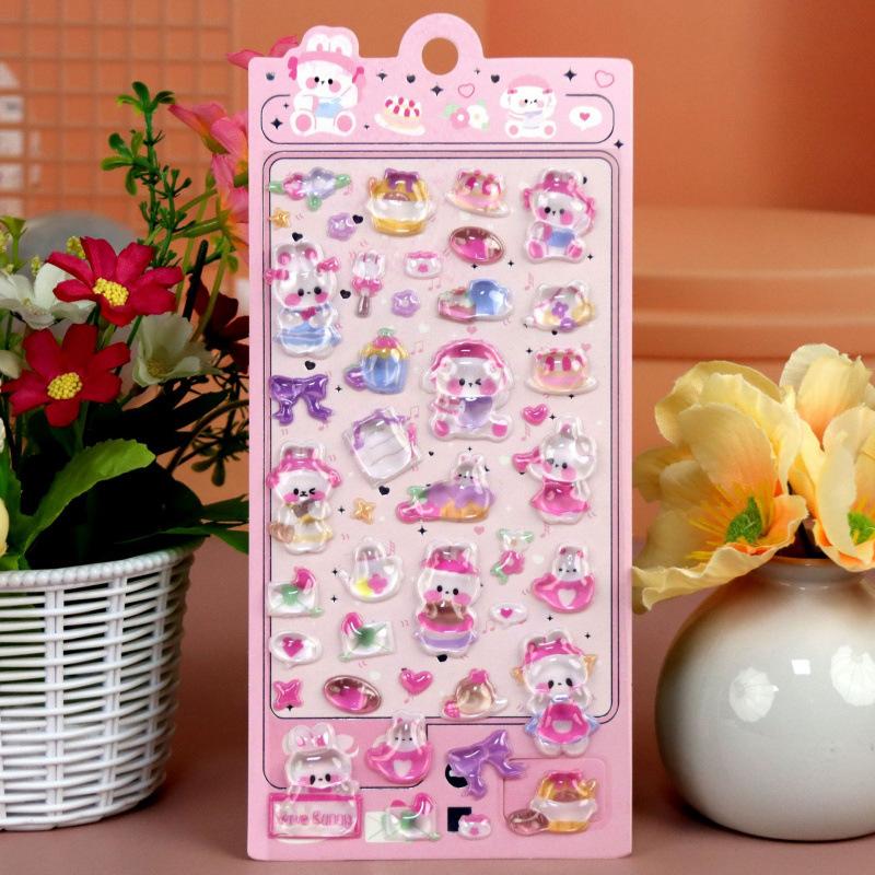 3D Japanese Cute Crystal Epoxy Relief Stickers Cartoon Bunny Bear Stickers Journaling Stationery Cute Stickers Gifts
