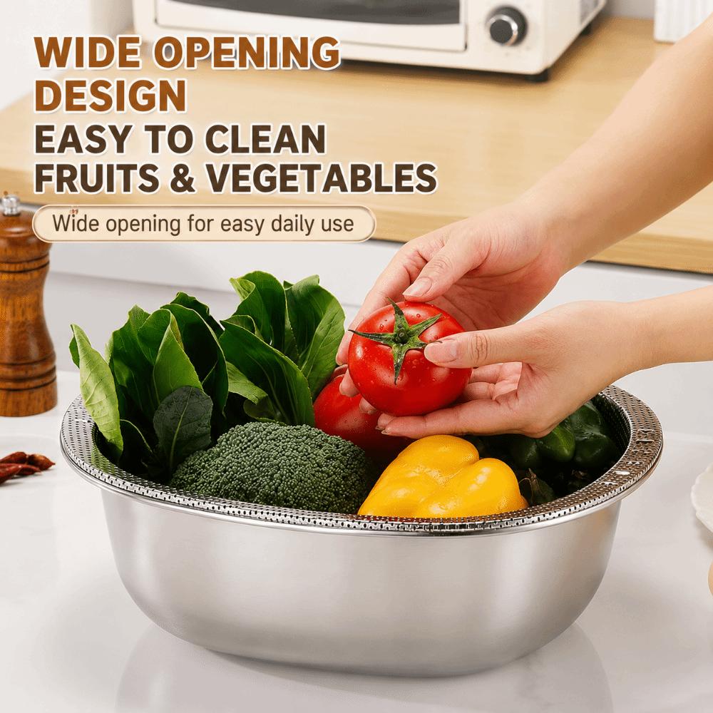 201 Stainless Steel Rice Washing Basin 2 in 1 Mixing Bowl New Vegetable Washing Basin Kitchen Use