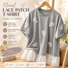 Women Summer Round Neck Short Sleeve 3D Floral Lace Applique Loose Casual Cotton T Shirt