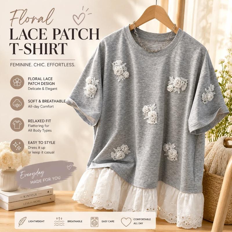 Damen Sommer Rundhals Kurzarm 3D Blumenspitzen-Applikation Locker Lässig Baumwoll-T-Shirt