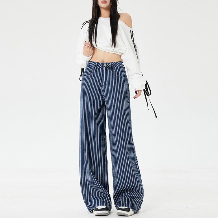 

Retro Navy Striped Wide-Leg Casual Floor-Length Jeans Large
