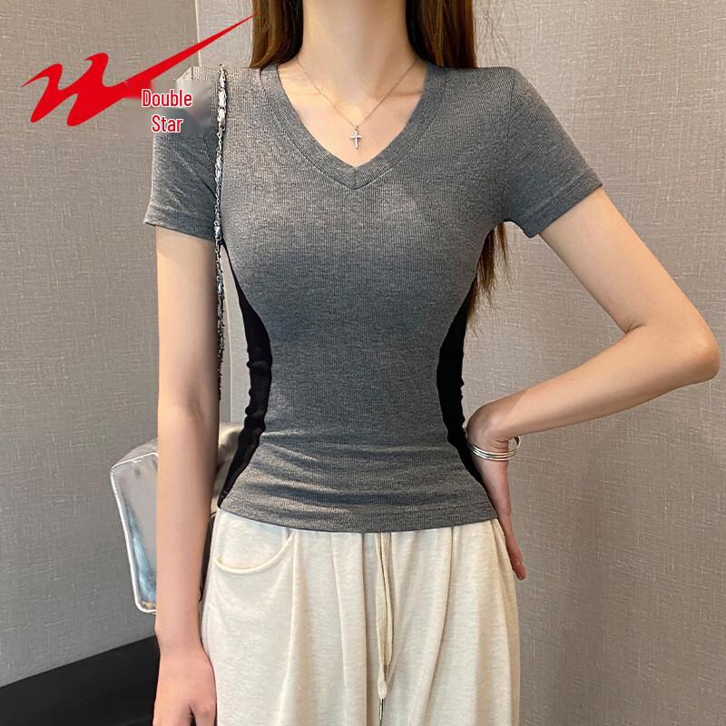 Shuangxing Women s Color-block V-neck Slim Fit Short Sleeve T-shirt XL