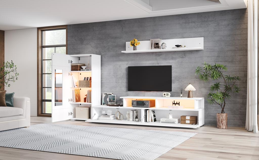 Set Mobile TV da Parete, 3 Pezzi, Illuminazione LED, Laccato Lucido, Soggiorno, 1 x Mobile TV, 1 x Vetrina Soggiorno, 1 x Mensola a Muro, TV fino a 75' Bianco