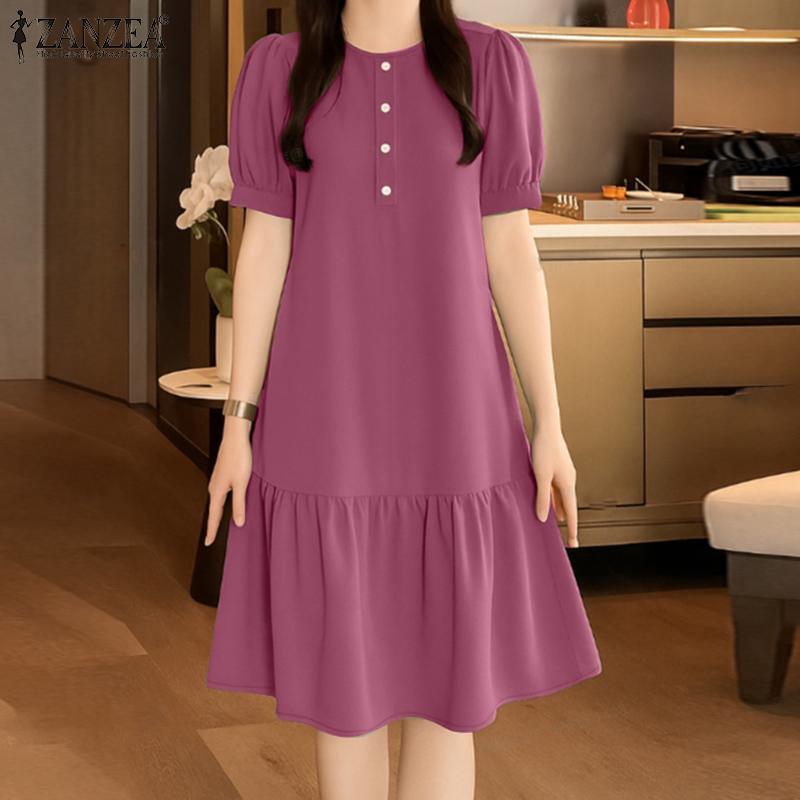 ZANZEA Women Casual Round Neck Solid Color Summer Short Sleeve Dress