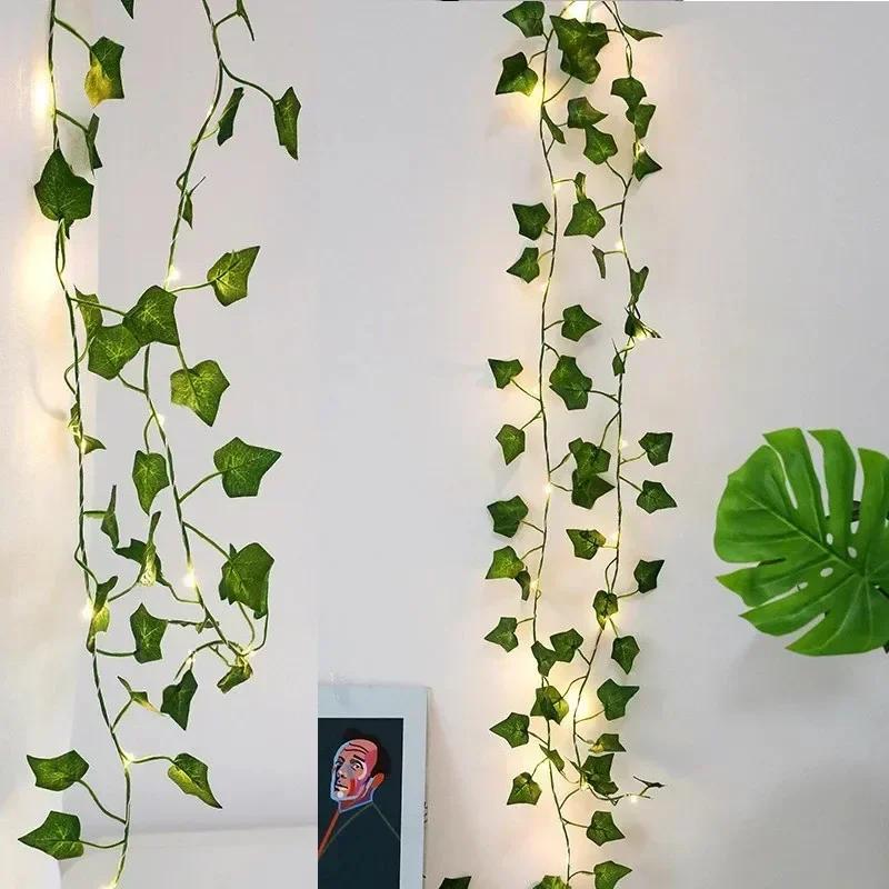 LED Green Leaf Fake Plants String Light Battery Powered Waterproof Fairy String Light for Wall House Christmas Decorations