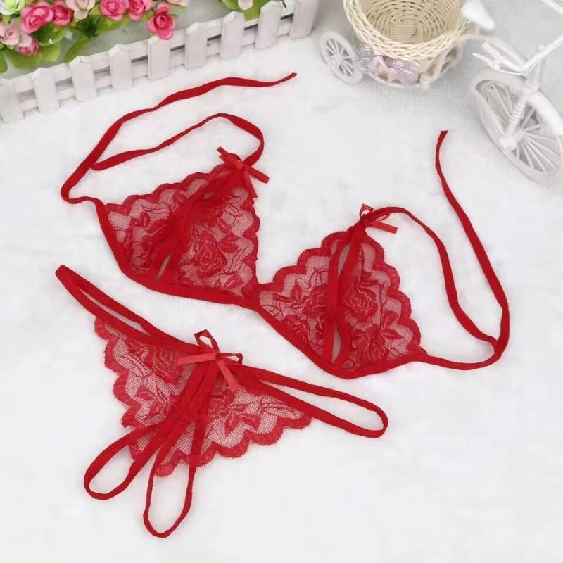 Lady Lace Pajama Sets Sexy Lingerie Sleepwear Tie Band Out Top And Hollow Out Thin Strap G-String Ultra Thin Home Clothes