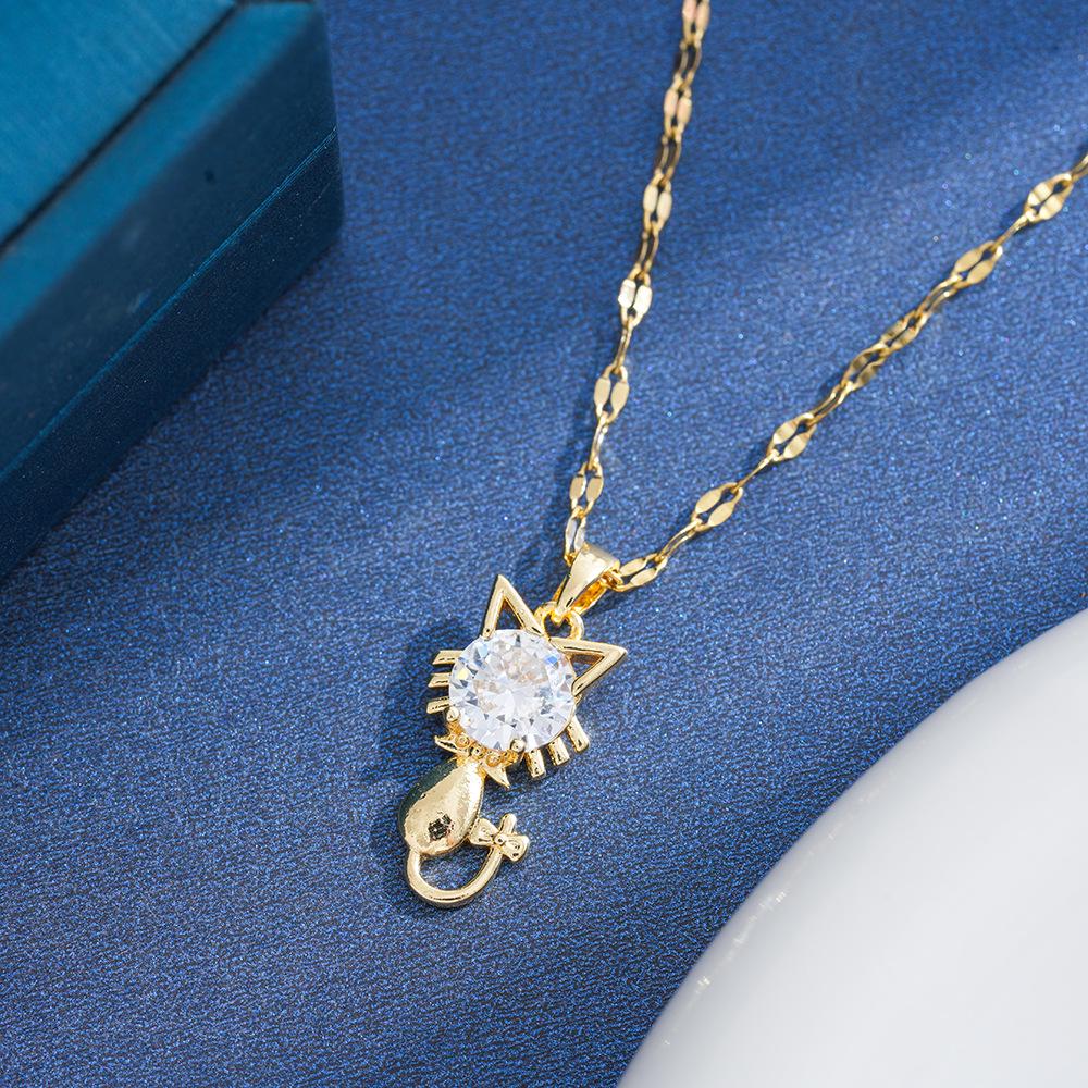 Chic Kitten Pendant Necklace: Titanium Steel, Shiny Zircon, Versatile Clavicle Chain for Women.