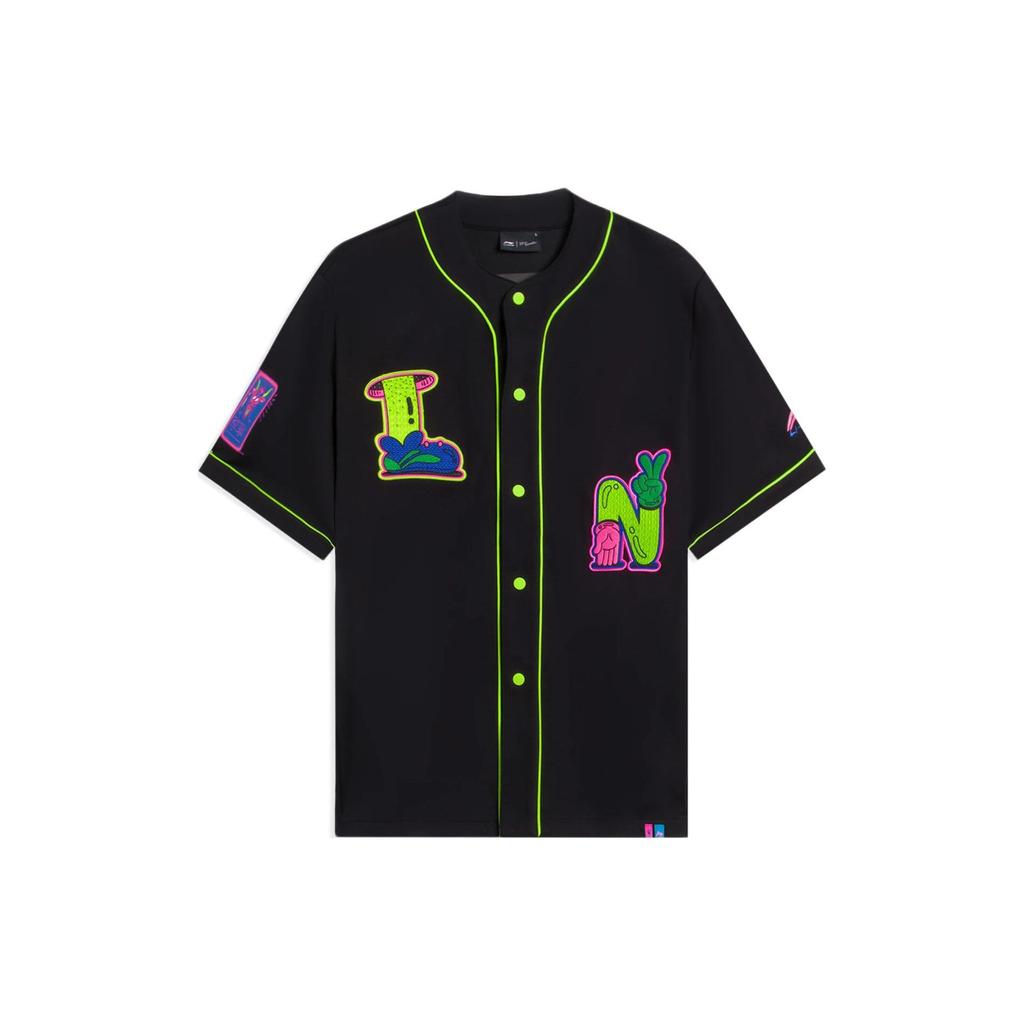 Li-Ning X Steven Harrington Embroidered Cartoon Print Single-Breasted Short Sleeve Jacket Men Jackets Black AFDSC23-1