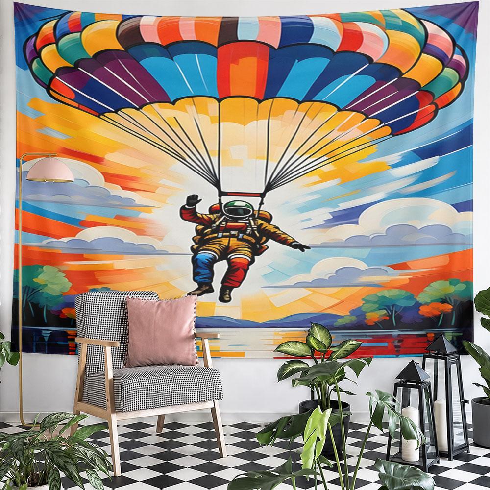 Astronaut Skydiving with Colorful Parachute Pattern Wall Hanging Tapestry Decorative Tapestry Home Decor for Bedroom and Living Room