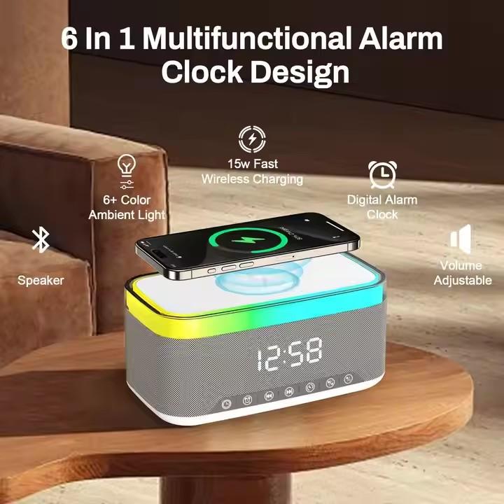 Hot Selling Products Digital Alarm Clock RGB Speaker Round Bedside Night Light 15W Wireless Charger 6 In 1 BT Wireless Speakers